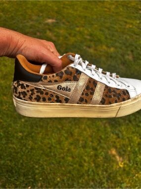 Gola Leopard Print Low-Top Sneaker with White Toe and Gold Stripes